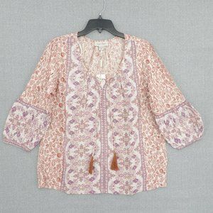 Charlie Paige Top Womens Medium Red Long Sleeve V-Neck Tasseled Boho Paisley NWT